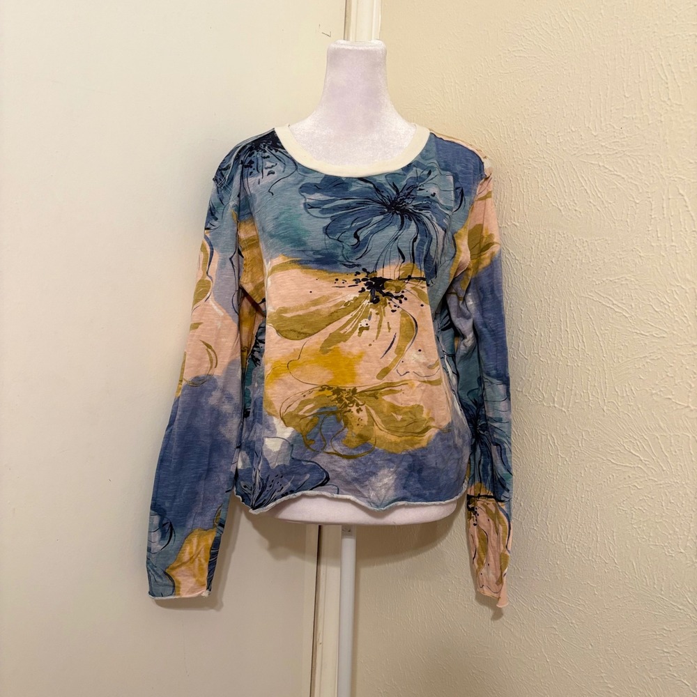 Maeve Anthropologie Floral Watercolor Slub Cotton Long Sleeve Top Blue Yellow M